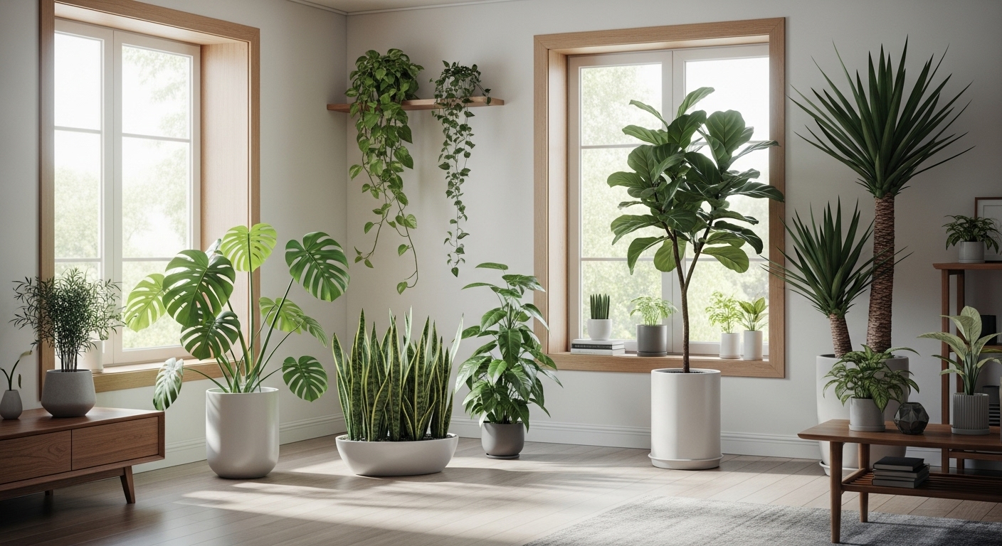 햇빛 방향에 따라 다양한 실내 식물이 배치된 밝고 자연스러운 인테리어 공간