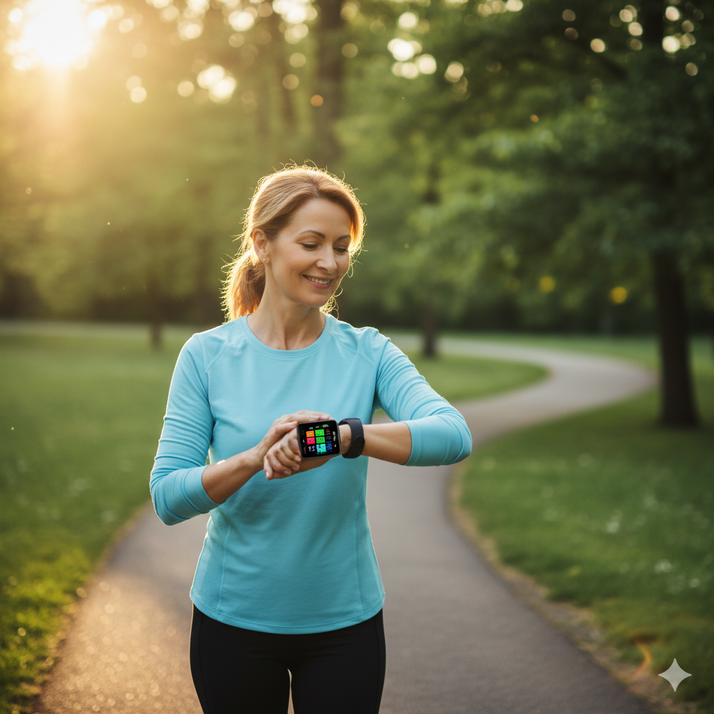 공원에서 걷기 운동을 하며 스마트워치를 확인하는 건강한 여성.
