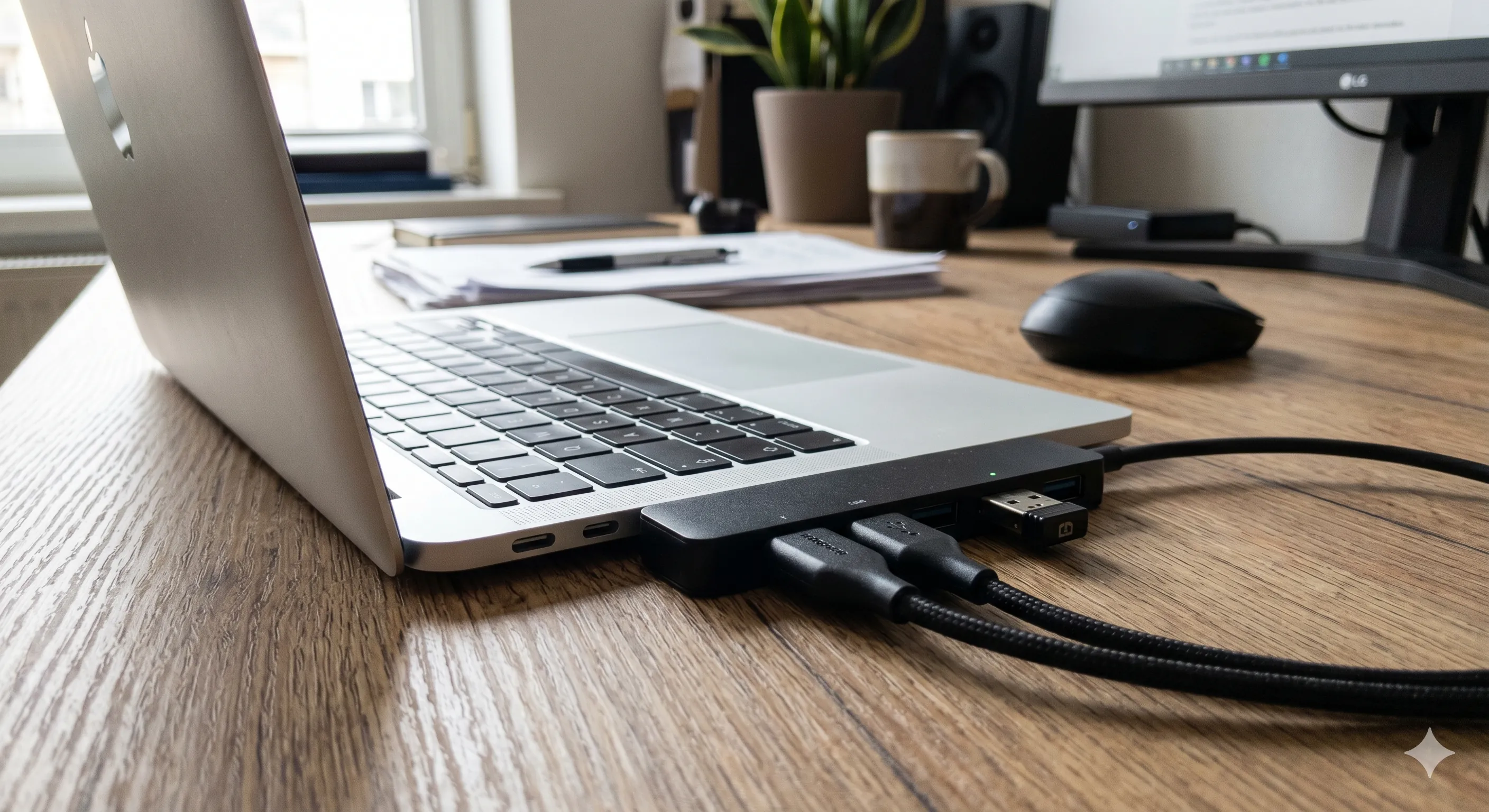 노트북 측면 USB 허브에 외장하드 케이블과 무선 마우스 동글이 나란히 꽂혀 있고 화면의 마우스 포인터에 딜레이가 발생함을 나타내는 상황 연출 사진