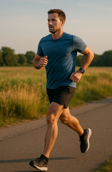 장거리 러닝 중 유산소 대사 구간을 달리는 러너의 전신 모습