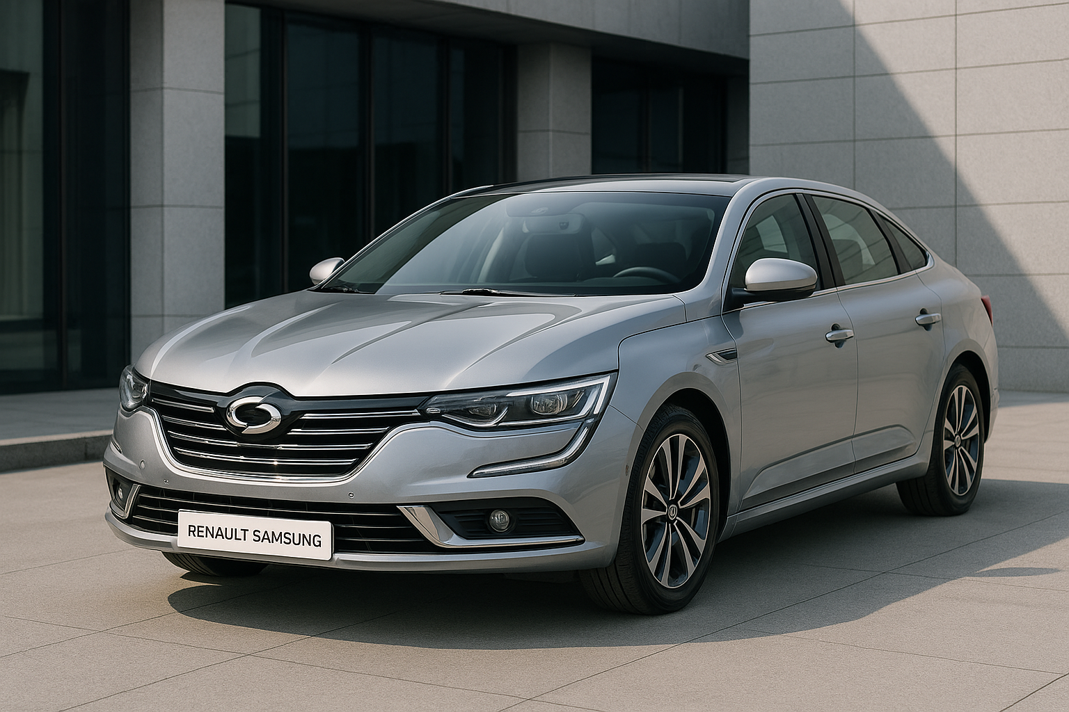 주차장에 있는 은색 르노삼성 차량. 전면에 구 르노삼성 로고와 번호판이 보인다.