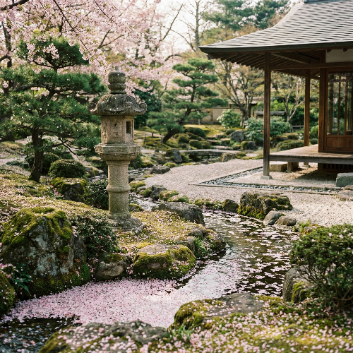 벚꽃 잎이 흩날리는 평온한 한국식 정원의 풍경. 정갈한 석등과 이끼 낀 돌길이 어우러져 선(Zen)적인 분위기를 자아내며, 인생의 노년기에 느끼는 깊은 평화와 고요함을 상징하는 8k 초고해상도 사진.