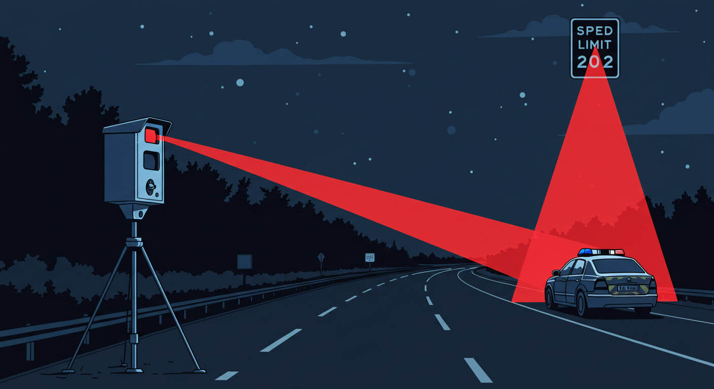 밤에 이동식 과속단속카메라와 고정식과속단속카메라의 레이저빙이 나오고 있고 경찰차가 있는 삽화