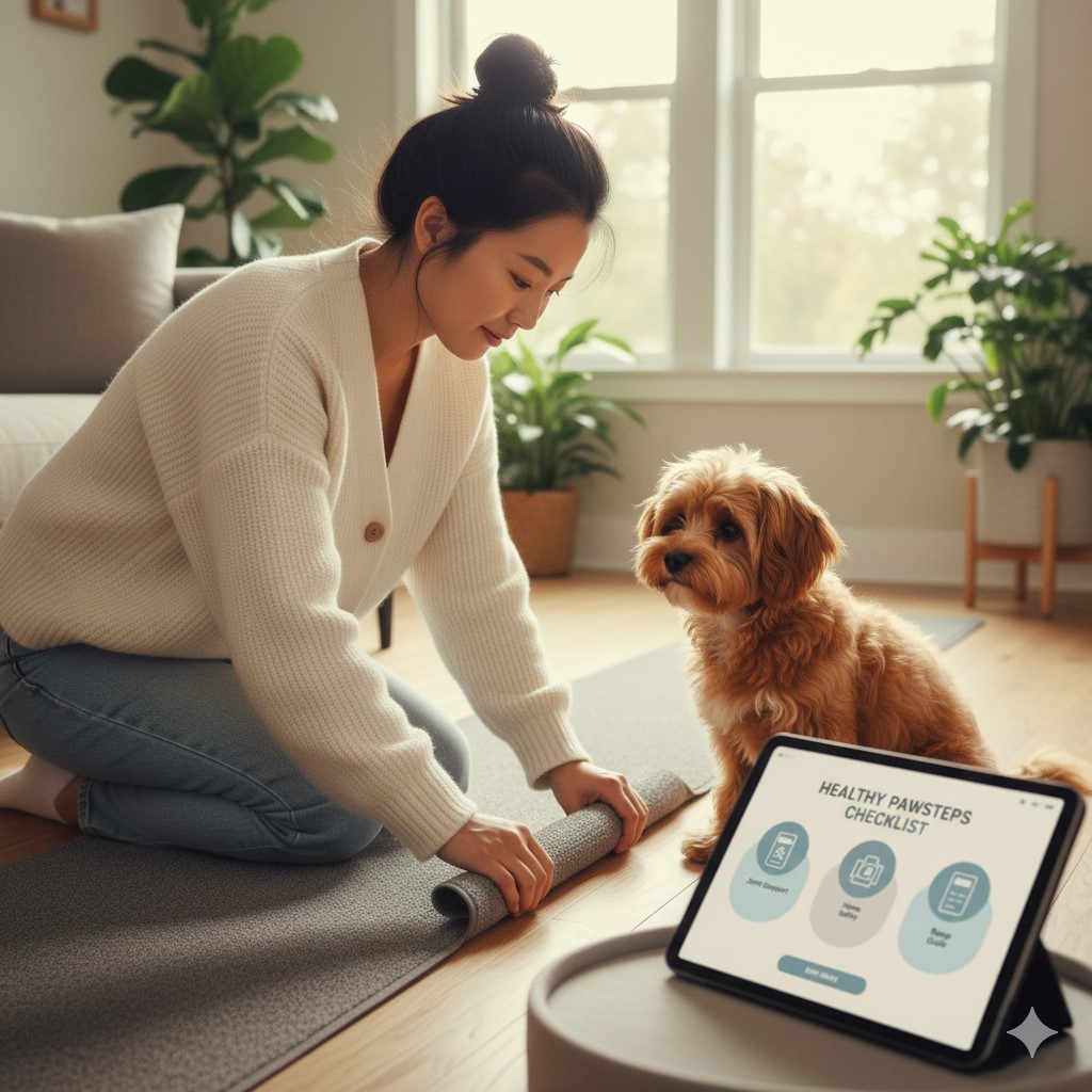 슬개골 탈구 등 관절 질환에 취약한 견종을 위해 보호자가 집안에 미끄럼 방지 매트를 깔고 있는 모습이다.