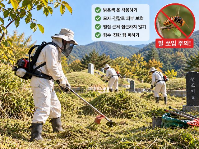 벌 쏘임 예방을 위해 밝은색 긴 작업복을 입고 벌초하는 모습