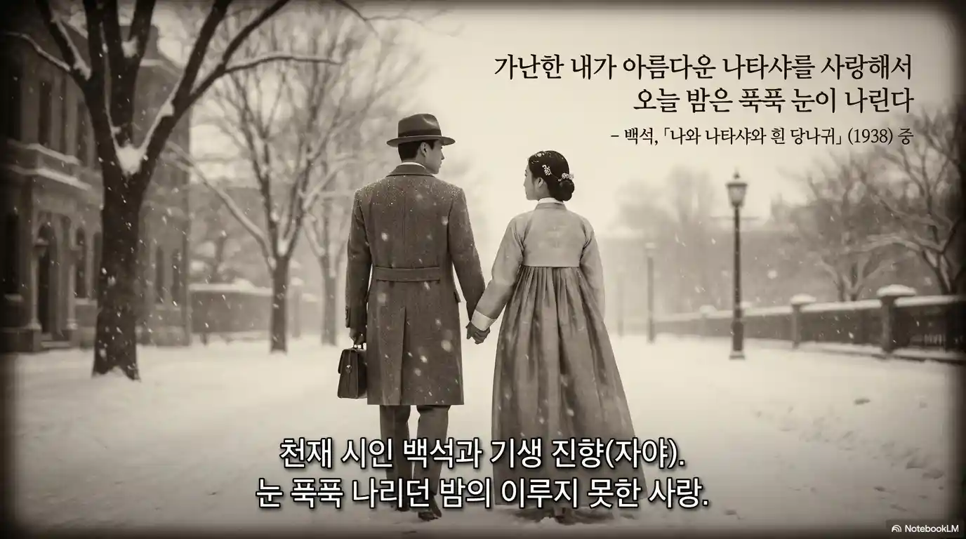 시인 백석과 기생 진향 자야 1930년대 눈 내리는 날 - 나와 나타샤와 흰 당나귀 1938년 시 배경 연인 묘사