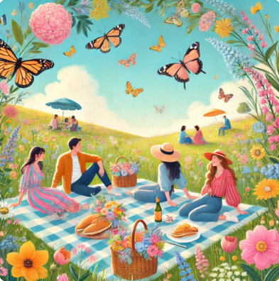 봄철 공원에서 나들이 나온 사람들