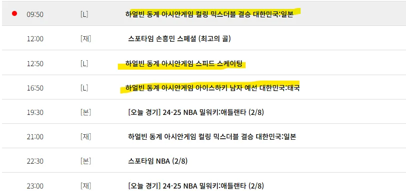 하얼빈 동계 아시안게임 일정 2월 8일