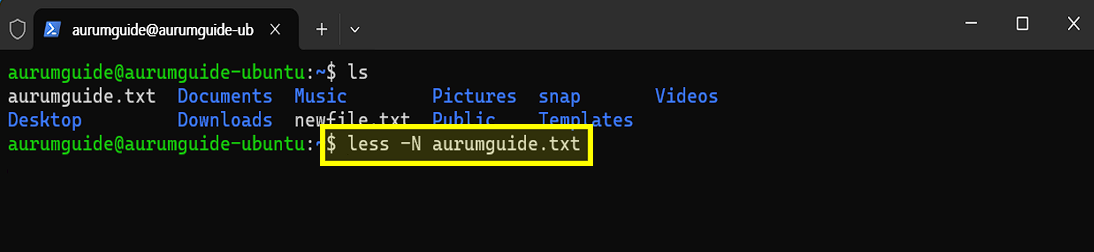 Ubuntu less 줄 번호 출력 명령어 예제입니다.