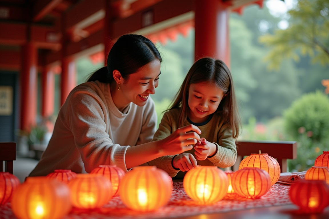 부모와 함께 연등을 만들고 있다.
