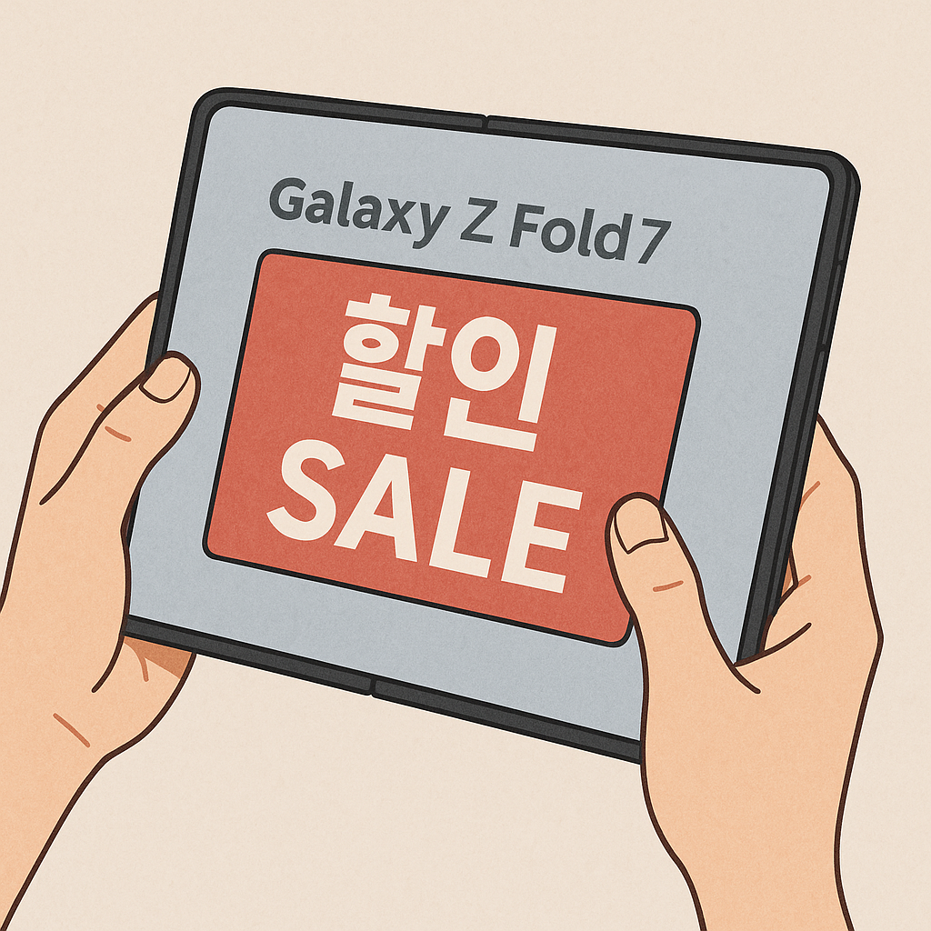 갤럭시-Z폴드7을-펼친-상태로-할인-배너가-뜬-스마트폰-화면을-바라보는-손-일러스트