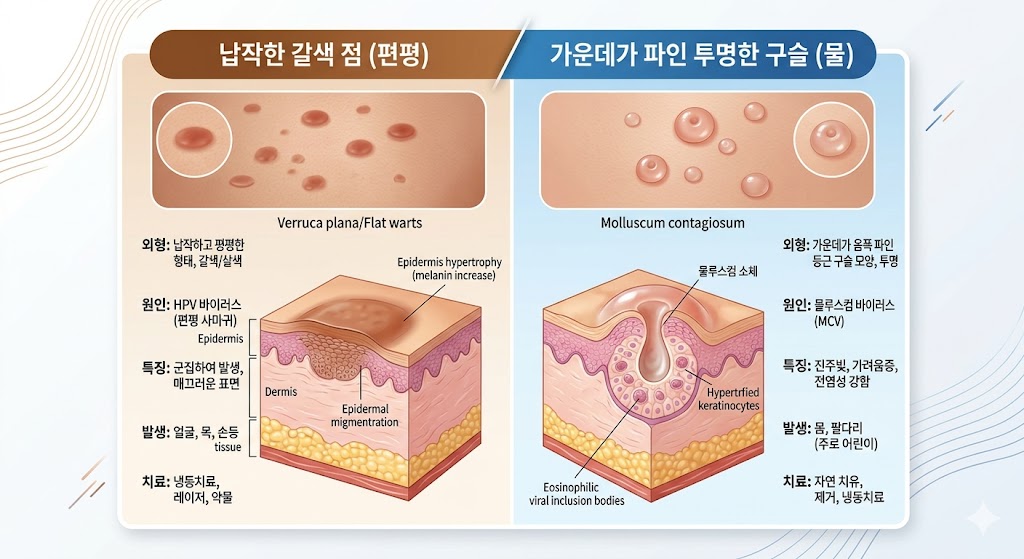 편평사마귀와 물사마귀의 외형적 특징을 비교한 인포그래픽