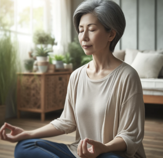 중년 여성이 감정을 다스리는 모습