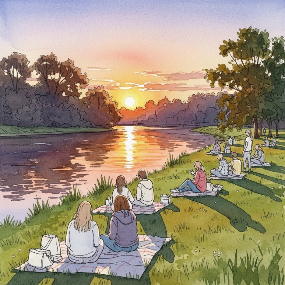 강가에 돗자리를 펴고 앉아 쉬고 있는 다정한 사람들
