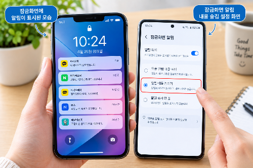 잠금화면에 표시되는 알림 내용을 설정하는 모습