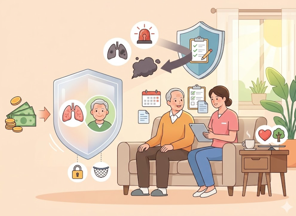 흡인성 폐렴 재발 예방을 위한 가정 내 장비 관리와 보호자 케어 계획을 설명하는 상황 일러스트