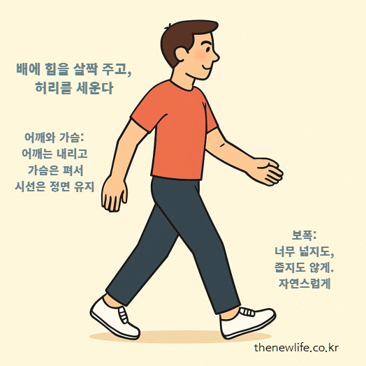 Illustration showing correct walking posture — straight back, open chest, natural stride-올바른 걷기 자세를 설명하는 일러스트 – 허리를 펴고, 가슴을 펴며, 자연스러운 보폭