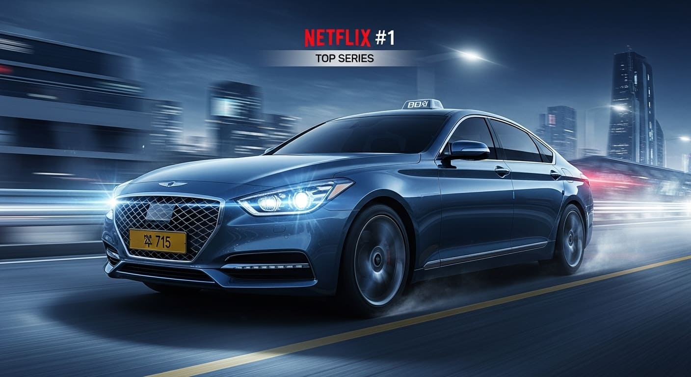 넷플릭스 국내 시리즈 1위를 기록한 드라마 '모범택시3'의 주인공 김도기 기사의 모범택시가 야간 도시를 질주하는 역동적인 모습