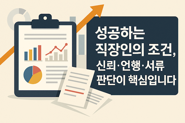 성공하는 직장인의 조건을 설명하는 텍스트와 비즈니스 차트가 담긴 일러스트 이미지