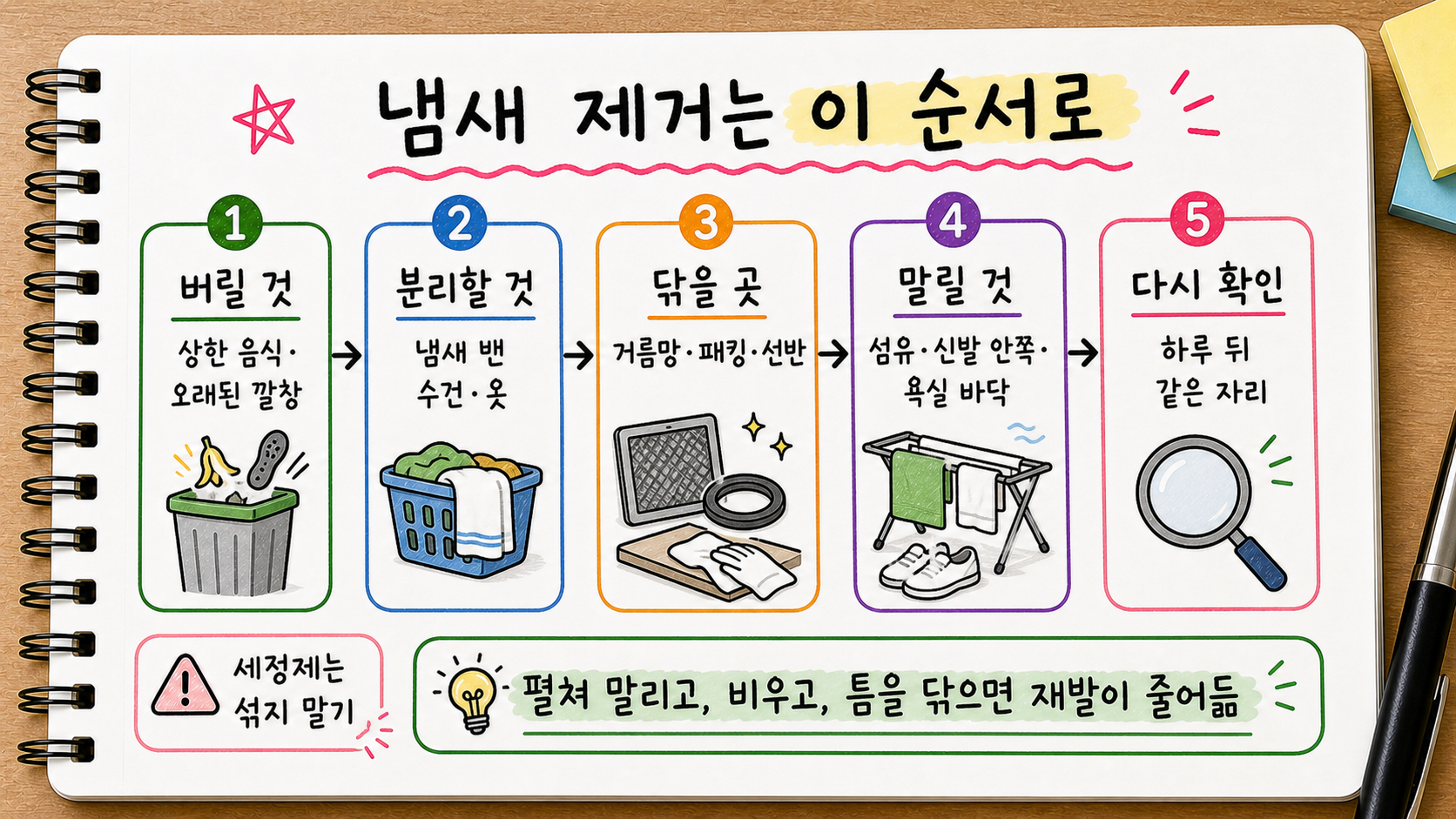 집 냄새 제거를 위해 버릴 것 분리할 것 닦을 곳 말릴 것 다시 확인 순서를 정리한 손글씨 카드