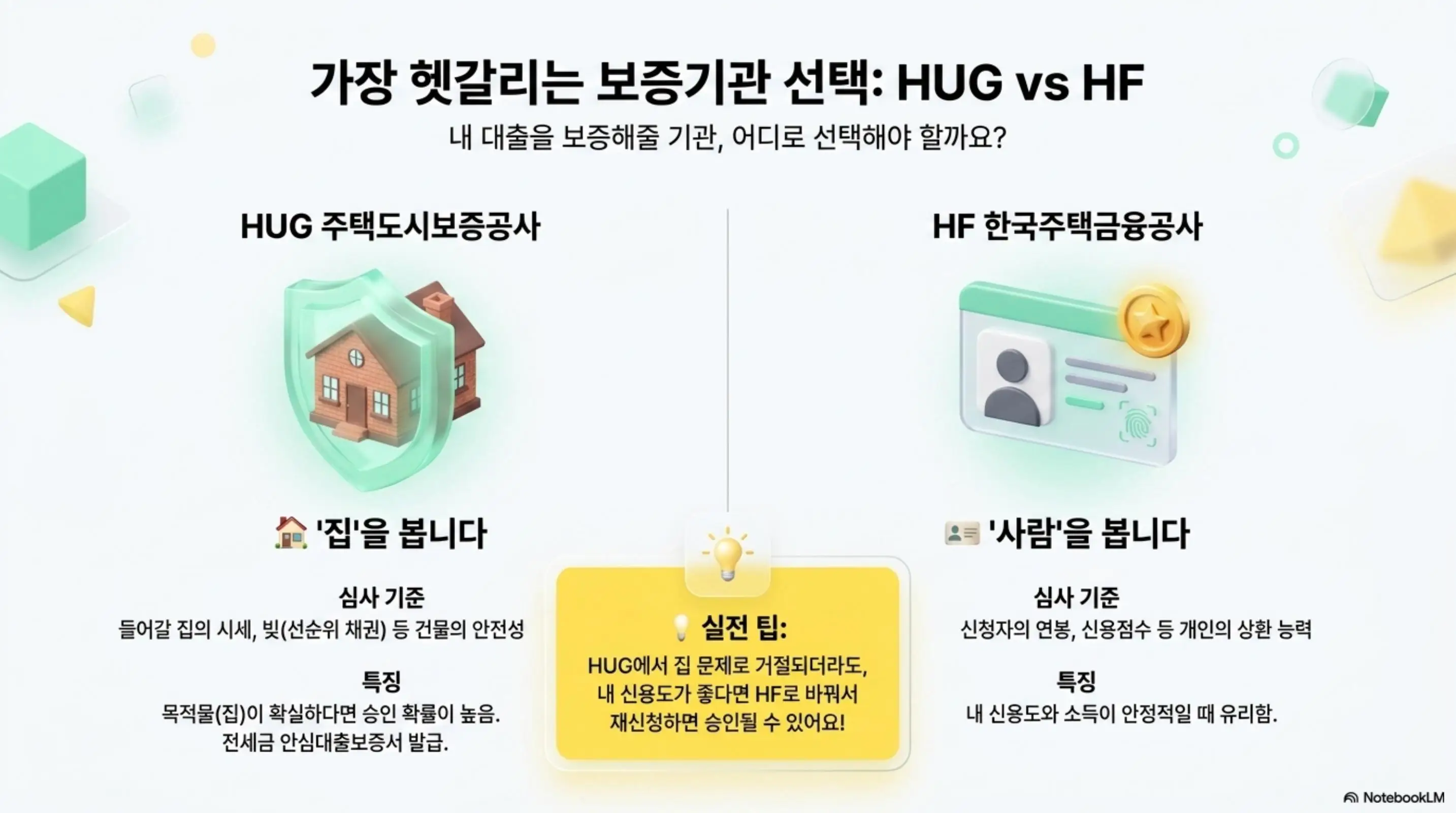 청년버팀목전세대출 보증기관 HUG와 HF의 차이를 비교한 인포그래픽. HUG 주택도시보증공사는 집 중심(시세 선순위 채권 등)으로 심사하고 HF 한국주택금융공사는 사람 중심(연봉 신용점수 등)으로 심사한다는 핵심 차이를 설명함