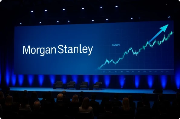 모건 스탠리 로고가 비치는 무대 스크린 앞에서 한국 증시 그래프가 상승하는 글로벌 금융 컨퍼런스 장면