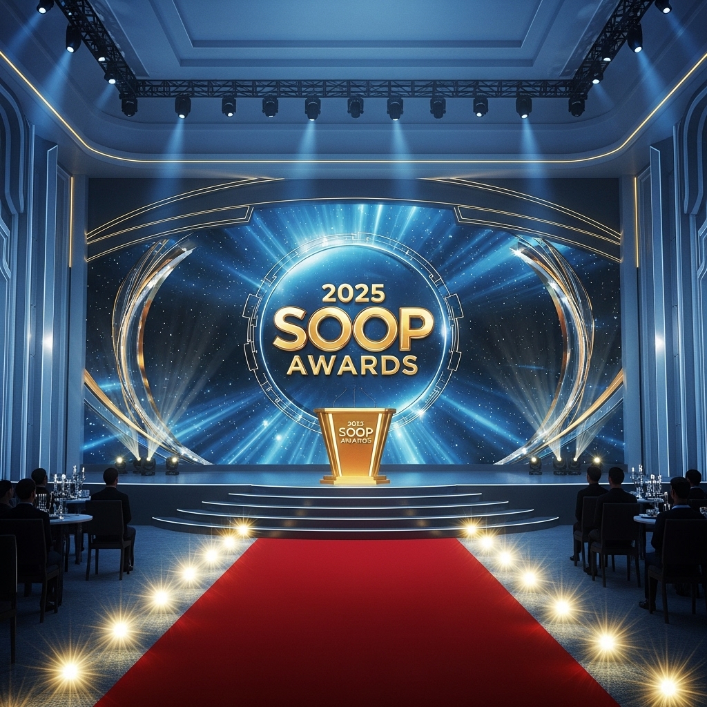 2025 Soop 시상식 로고가 빛나는 화려한 무대와 푸른빛 조명이 비추는 객석, 황금색 트로피를 기다리는 듯한 웅장한 시상식장 전경.