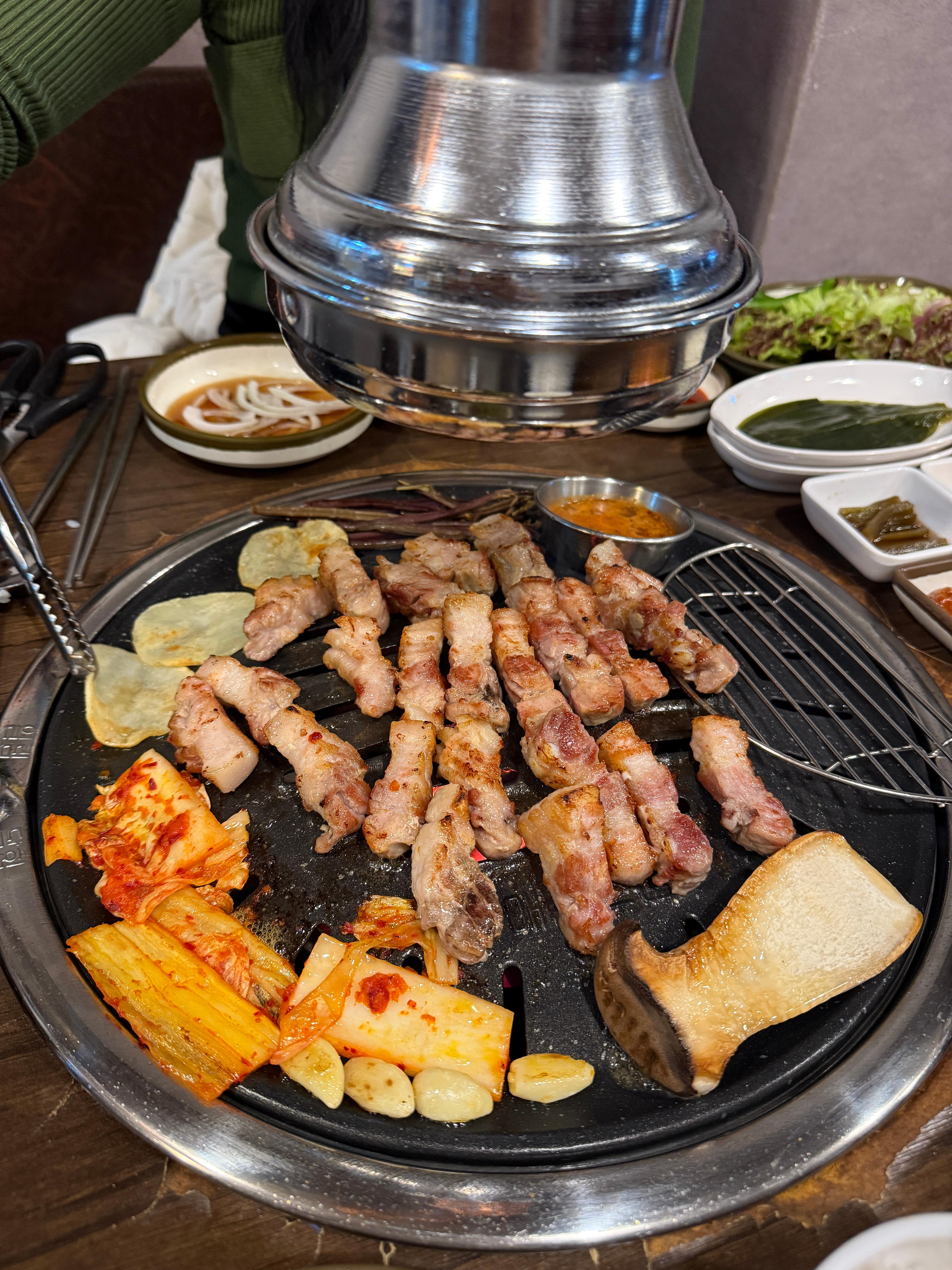 숯불애에서 고기 구운 사진