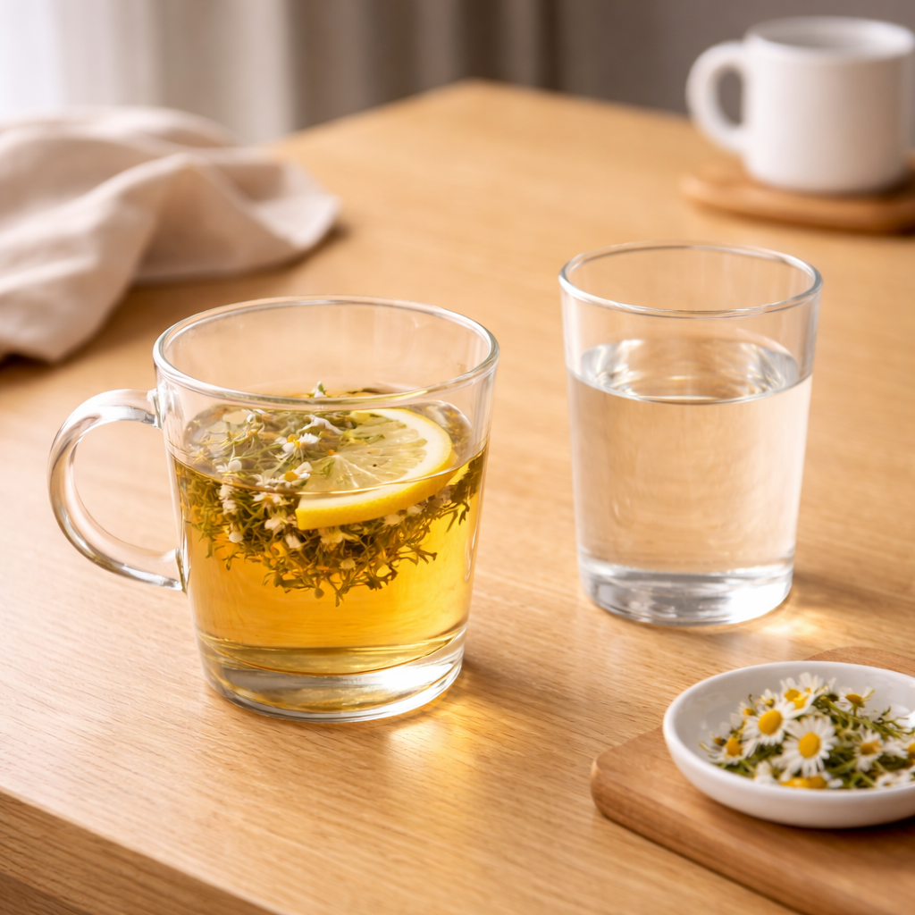 불면증 개선을 위해 오후 카페인을 줄이고 따뜻한 차로 바꾸는 습관을 상징한 이미지