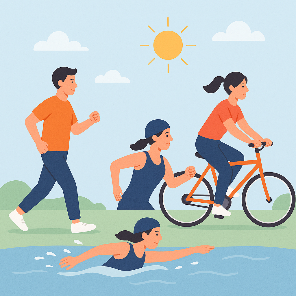 "햇살이 비치는 야외에서 걷기, 수영, 자전거 타기 등 유산소 운동을 하는 남성과 여성들의 일러스트. 고지혈증 예방에 좋은 활동들을 밝고 건강한 분위기로 표현한 이미지."