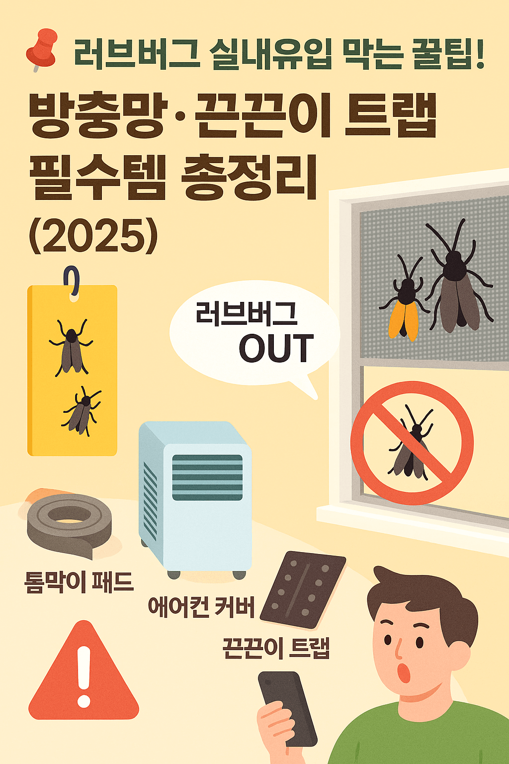 거실이미지 일러스트 에어컨 핸드폰을 들고 있는 남성 벽에는 러브버그가 붙어있음