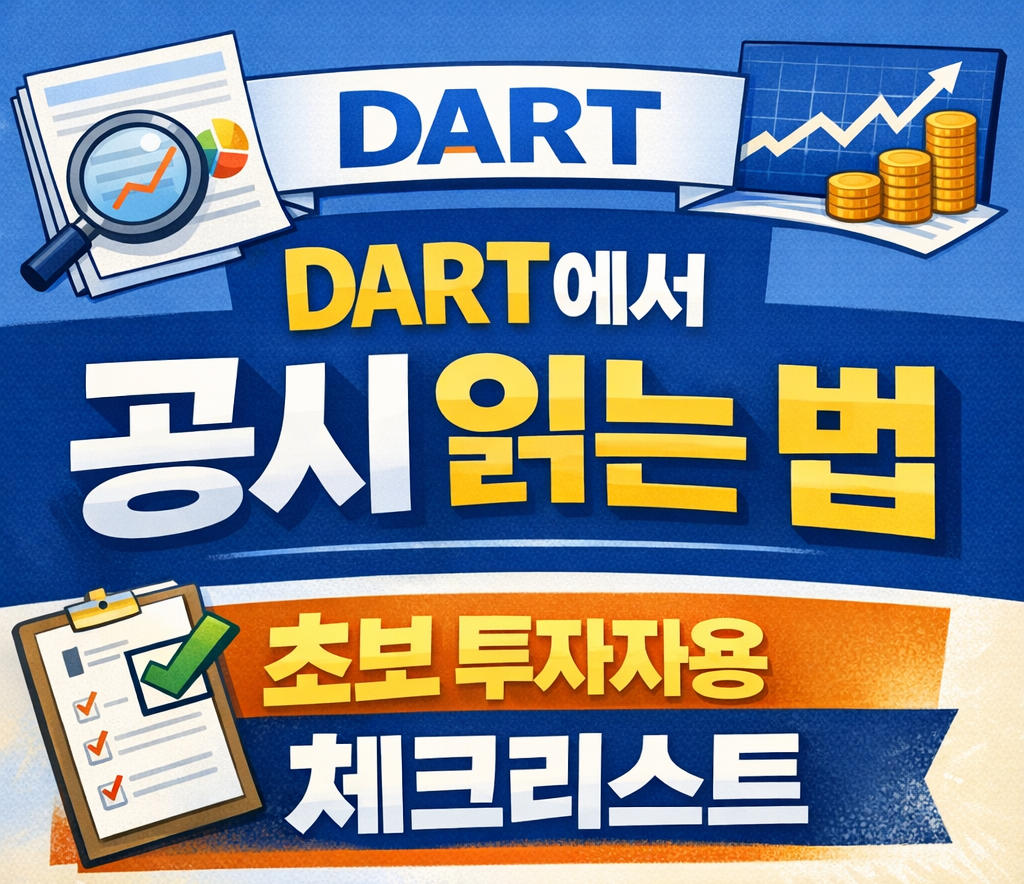 DART 공시 보는 법을 주제로 한 썸네일 이미지. 사업보고서, 주요사항보고서, 정정공시, DART와 KIND 확인 포인트를 초보 투자자용 체크리스트 형태로 표현한 일러스트.