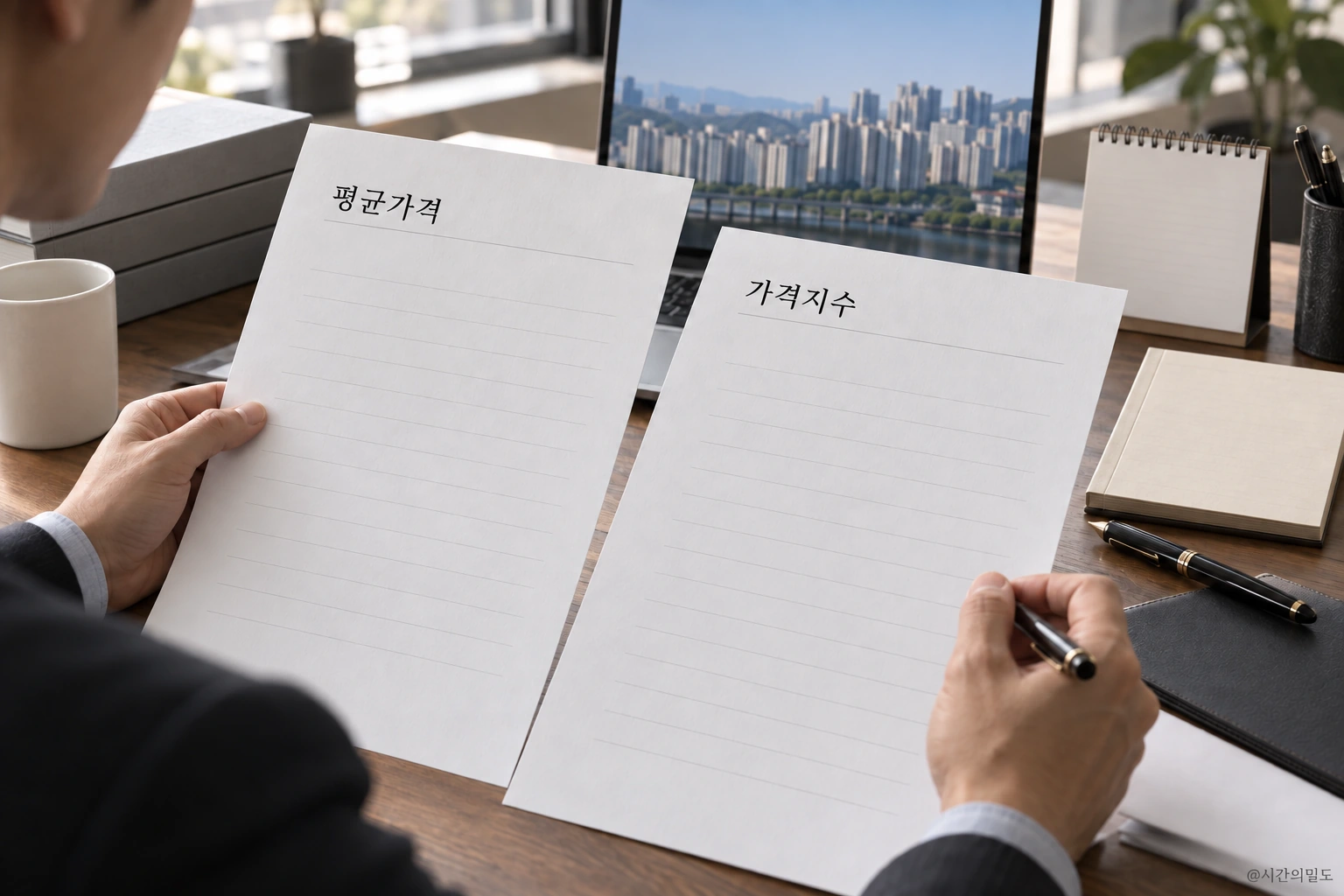 평균가격 자료와 가격지수 자료를 나란히 비교하는 책상