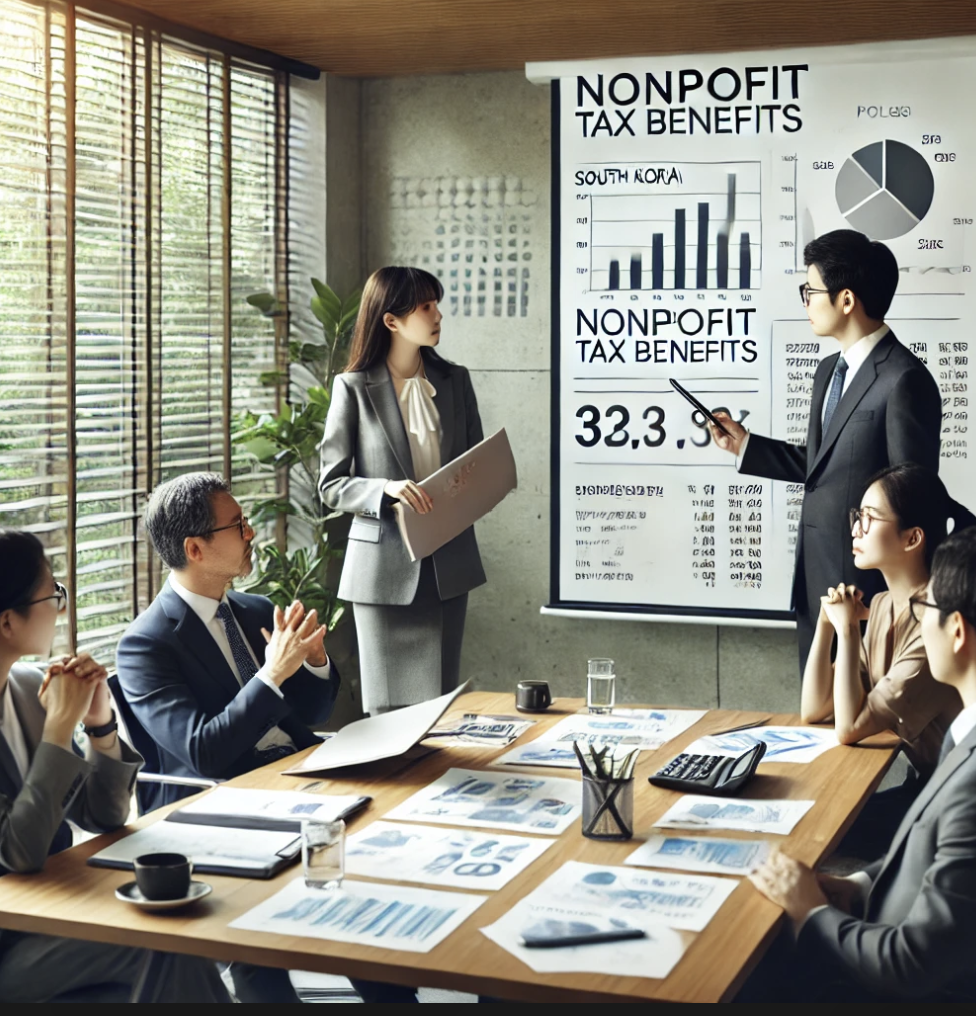 사무실에서 비영리 단체 운영 및 세금 혜택에 대해 논의하는 전문가들의 모습.