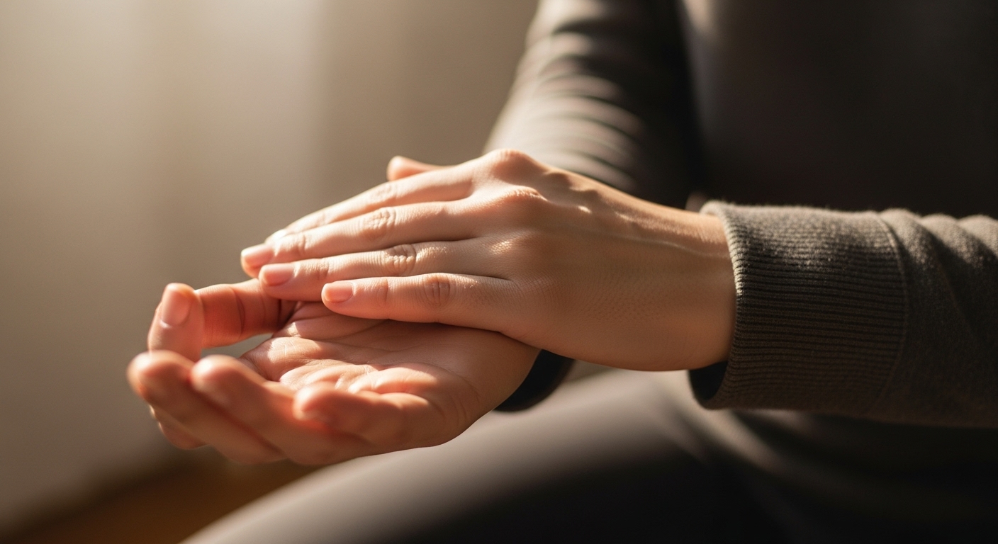 차분한 조명 아래에서 명상을 통해 마음을 다스리는 손짓.