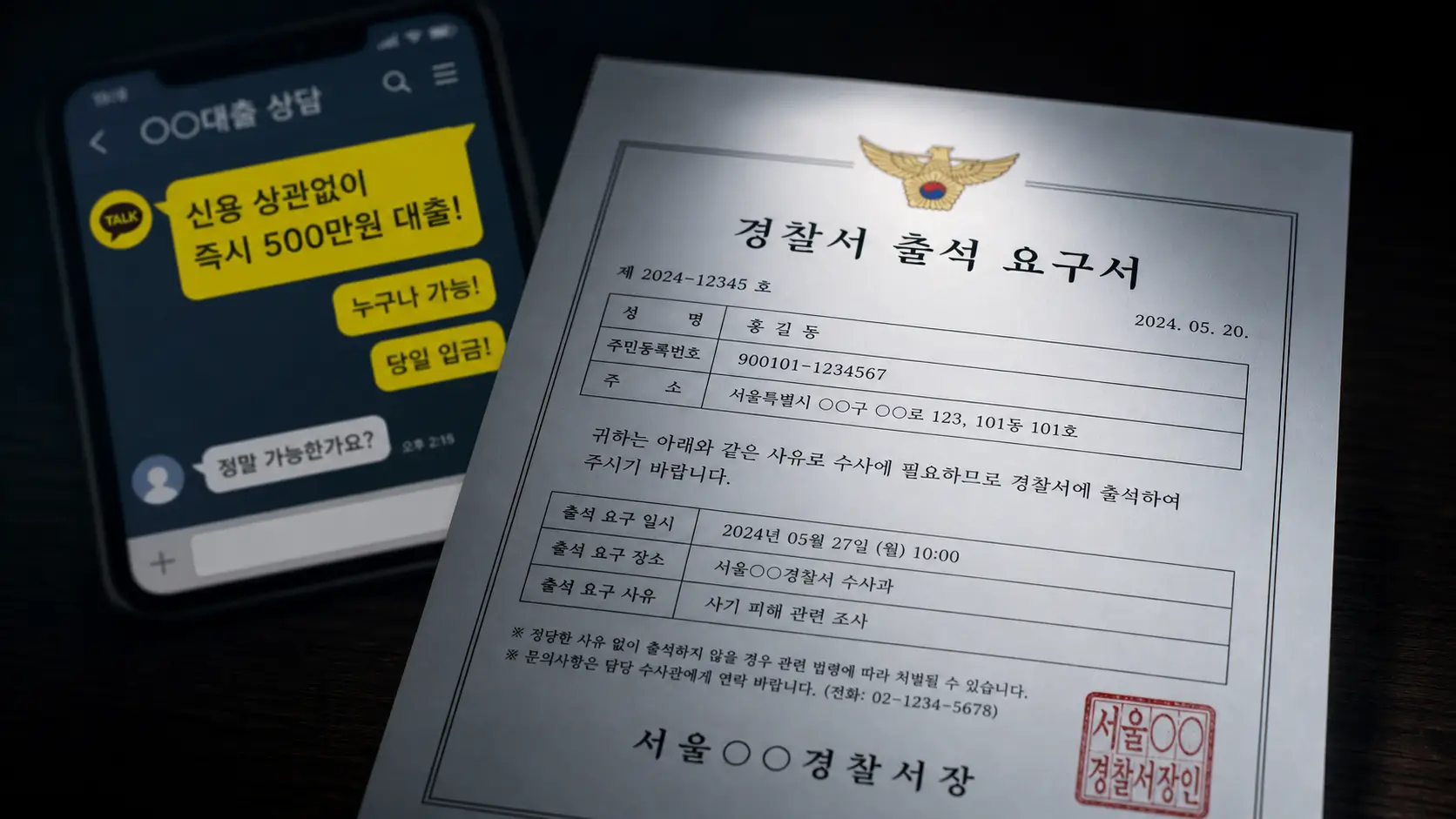 카카오톡 불법 작업대출 상담 캡처 화면과 경찰서 출석 요구서 오버랩 이미지 (대포통장 사기 경고)