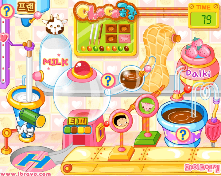 슈의-초코공장-슈게임하기-플레이-밀크-초코에-막대-과자를-넣는-화면