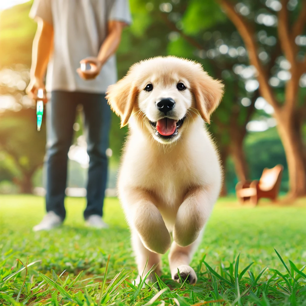 백신 접종 후 건강하게 뛰어노는 강아지