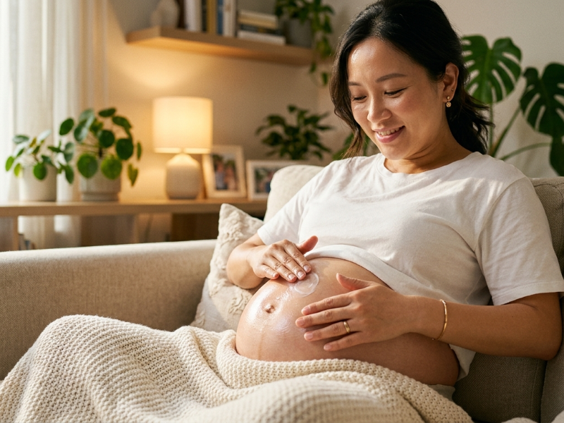 임신 중기 임산부가 배에 튼살 크림을 바르며 관리하는 모습