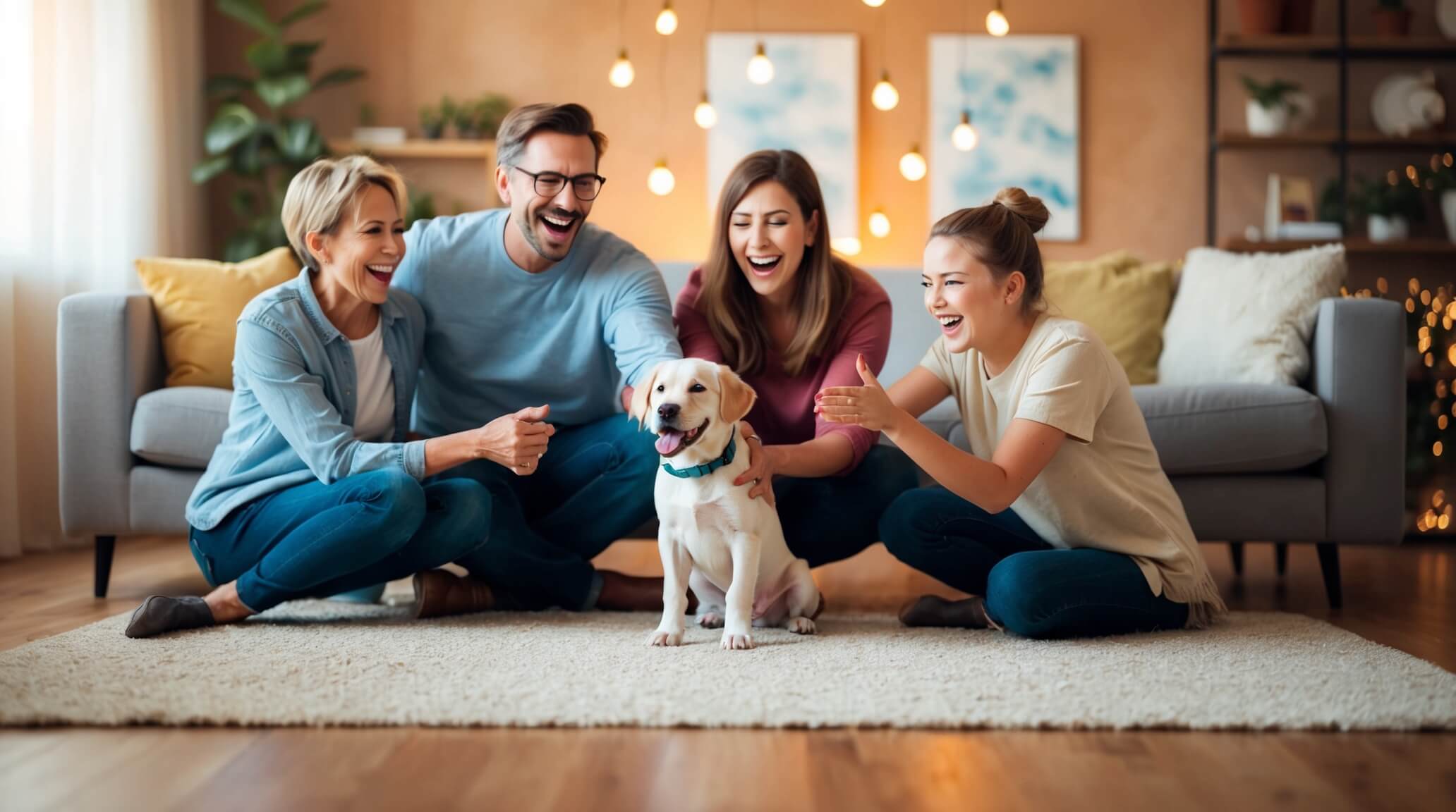 excited family welcoming a new puppy to their home