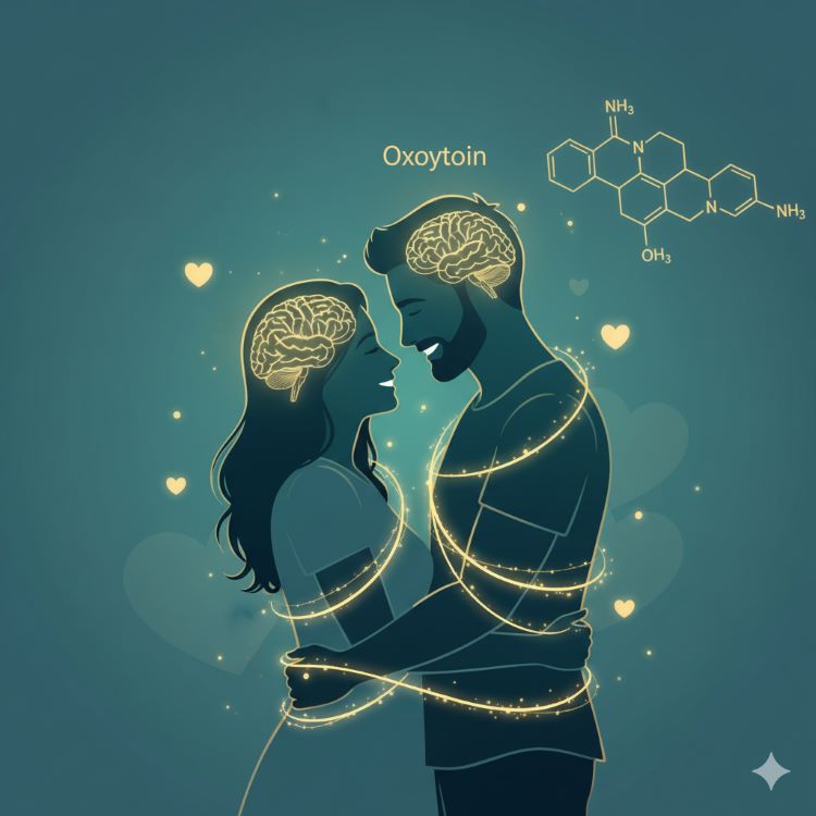 차분한 청록색 배경에 행복하게 포옹하고 있는 부부의 실루엣과 함께 뇌에서 분비되는 옥시토신 호르몬 분자가 두 사람을 연결하는 황금빛 끈처럼 표현된 모습. 주변에는 신뢰와 애착을 상징하는 하트 모양과 옥시토신의 화학 구조식이 은은하게 배치된 과학적이면서도 감성적인 이미지