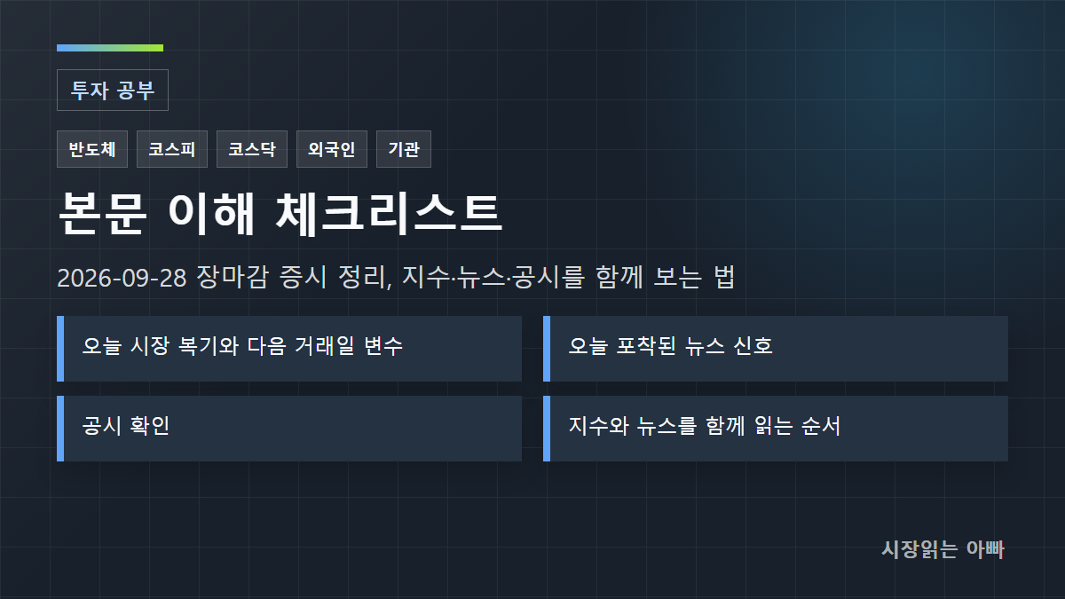 2026-09-28 장마감 증시 정리, 지수·뉴스·공시를 함께 보는 법 체크리스트: 오늘 시장 복기와 다음 거래일 변수; 오늘 포착된 뉴스 신호; 공시 확인