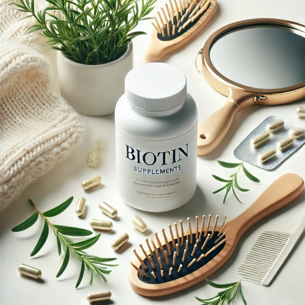 비오틴 캡슐, 빗, 거울, 허브가 정리된 스튜디오컷