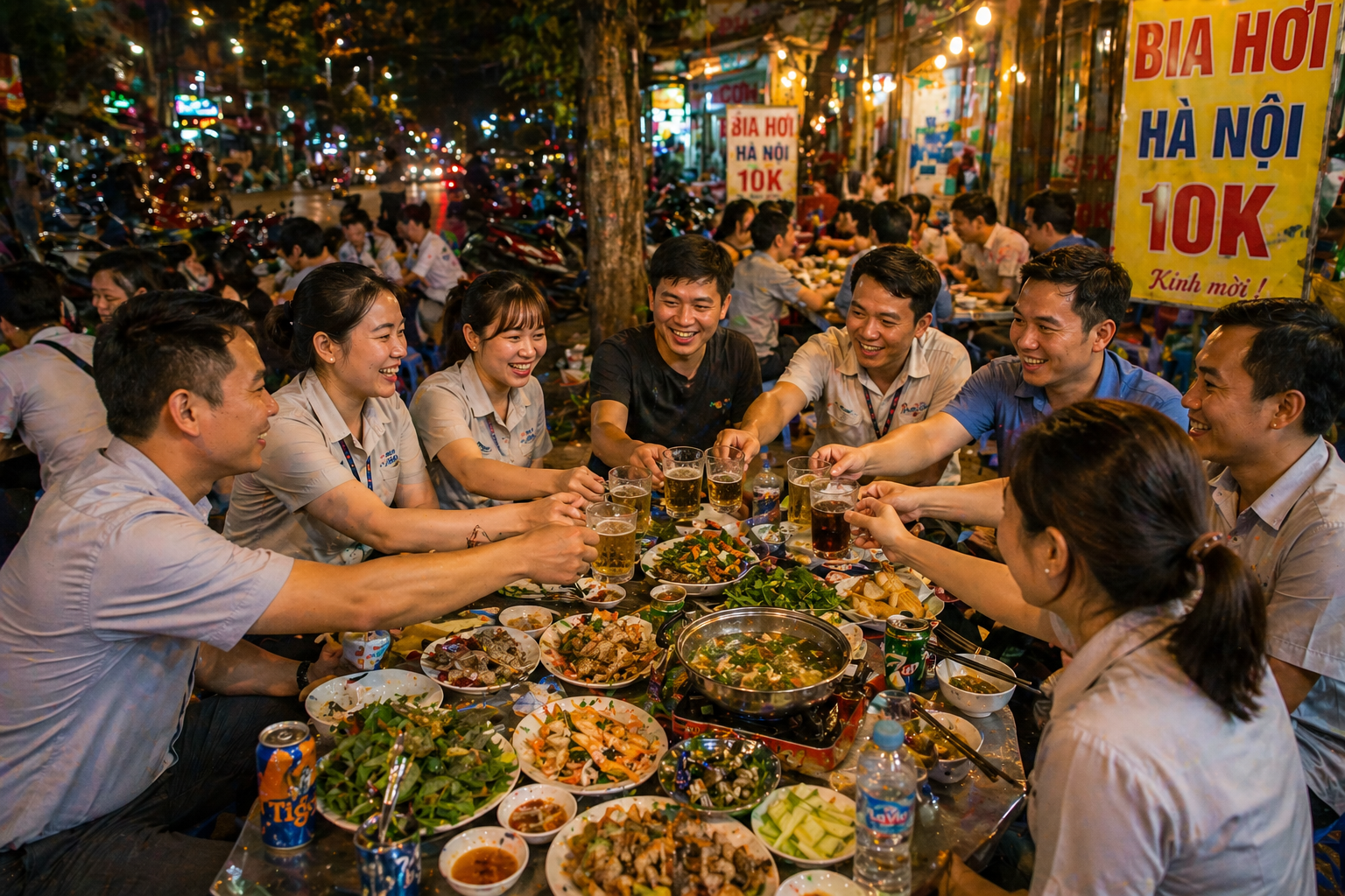 베트남 사람들이 퇴근 후 야외 식당에서 함께 건배하며 저녁 회식을 즐기는 모습