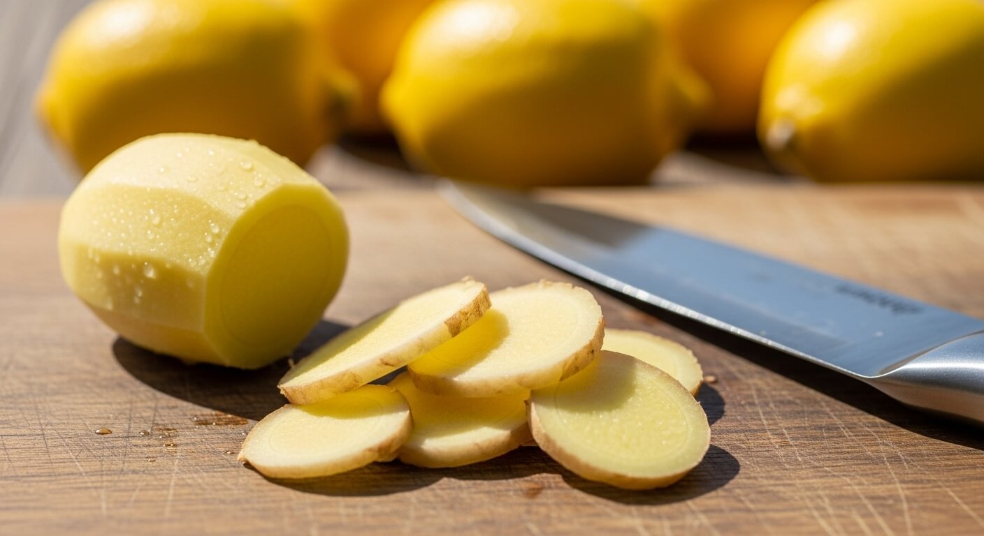 깨끗하게 손질되어 얇게 썰린 생강 슬라이스. 생강청 만들기의 첫 단계, 신선한 재료 준비.