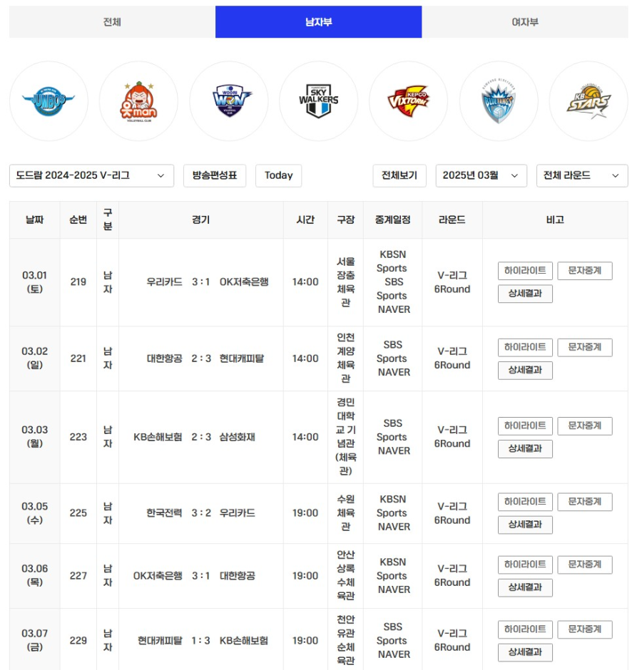 남자배구 경기 일정 순위 티켓 예매 방법
