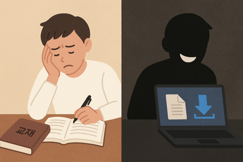불법공유하는 장면과 정당하게 공부하는 학생 비교