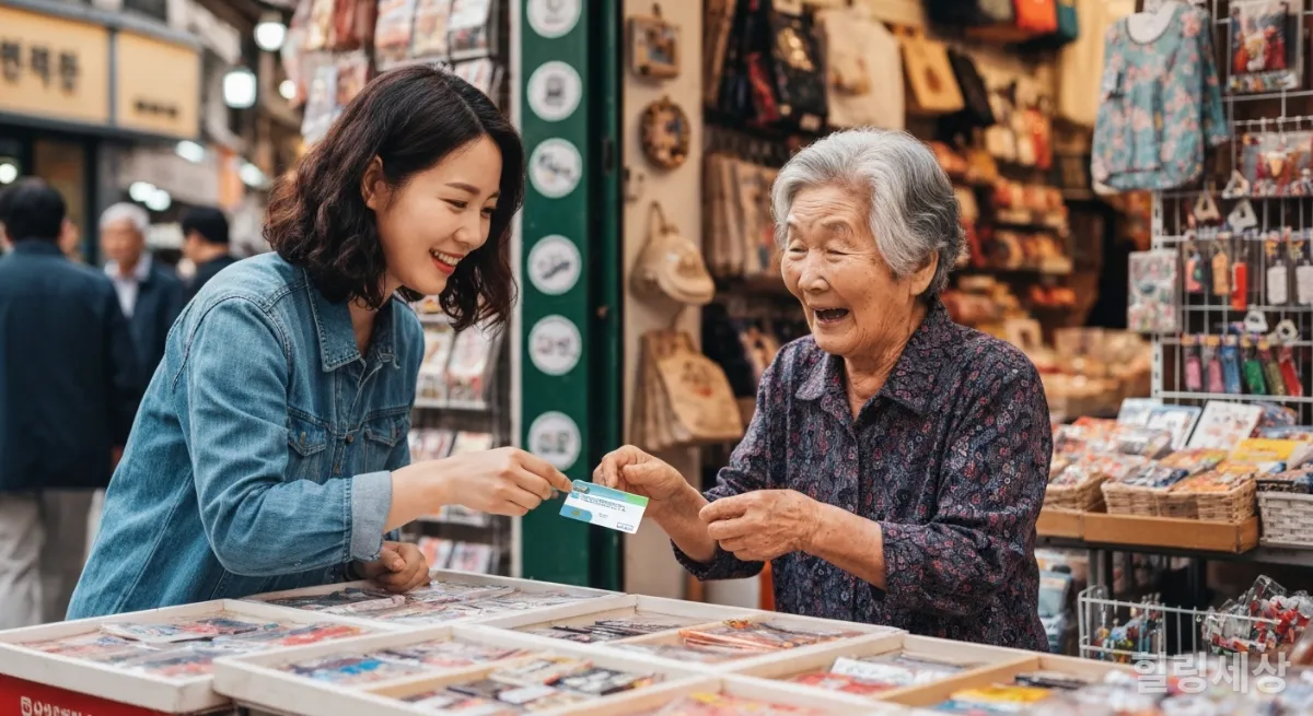 유럽 시장 기념품 가게에서 트래블월렛 카드로 결제하는 한국인 어머니와 돕는 딸