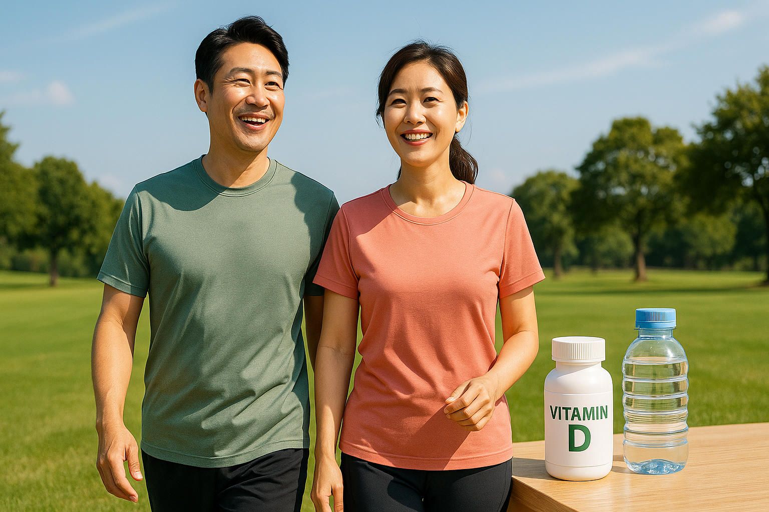 공원에서 햇빛을 받으며 걷기 운동을 하는 시민