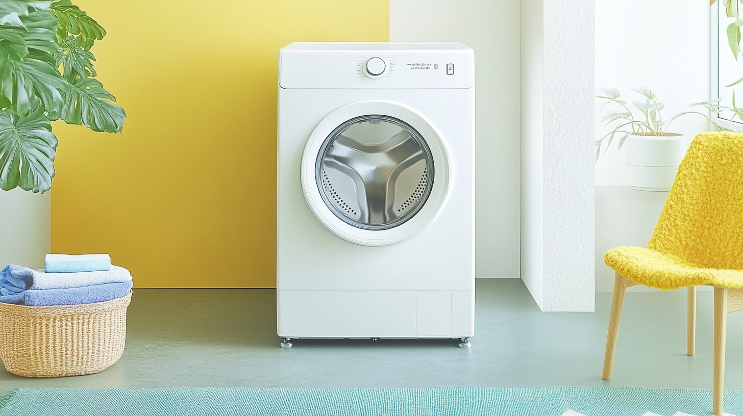 세련된 화이트 삼성 WF25CB8650BW 세탁기가 모던하고 미니멀한 스타일의 세탁실에 놓여 있는 장면. 자연스러운 조명이 비추고 있는 모습.